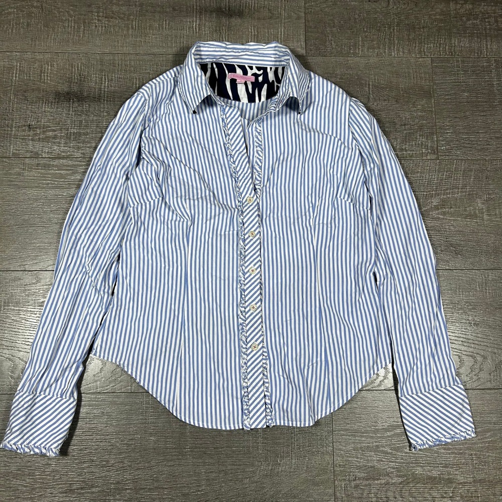 Lilly Pulitzer Womens Blue White Striped Ruffle Button Down Shirt Size 10 Cotton